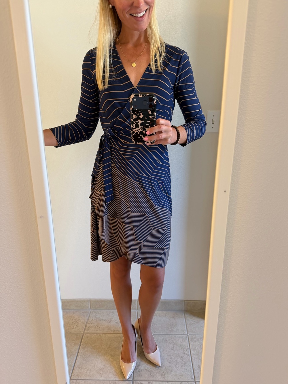 BCBGMaxAzria Navy and Gold Striped Wrap Midi Dress, Size M